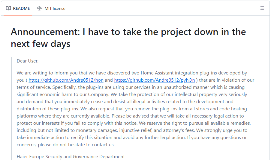 Η Haier σημείωσε ειδοποίηση κατάργησης του προγράμματος plugin Home Assistant, Η Haier σημείωσε ειδοποίηση κατάργησης του προγράμματος plugin Home Assistant, TechWar.GR