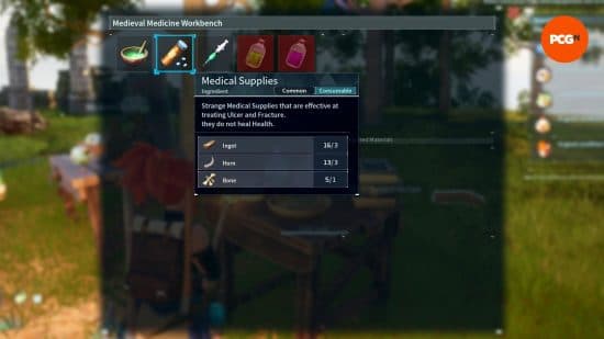 Πώς να θεραπεύσετε τους φίλους: Η συνταγή για ιατρικά είδη σε έναν πάγκο εργασίας για φάρμακα στο Palworld.