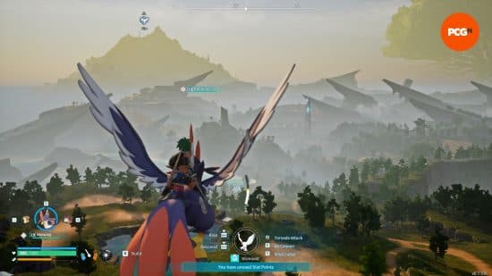 Το Pal Tamer ανεβαίνει στους ουρανούς στο πίσω μέρος ενός Nitewing αφού κατασκευάζει τη σέλα του για να το μετατρέψει σε βάση Palworld.