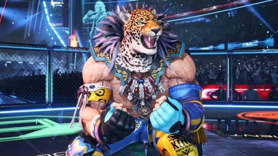 Λίστα Tekken 8 επιπέδων: Ο King γιορτάζει τη νίκη του λυγίζοντας τους μεγάλους μύες του.  Φοράει μάσκα λεοπάρδαλης και έχει περίτεχνο δαχτυλίδι.