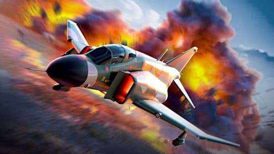 Κωδικοί War Tycoon: ένα αεροπλάνο F-4 πετά μακριά από μια τεράστια έκρηξη.
