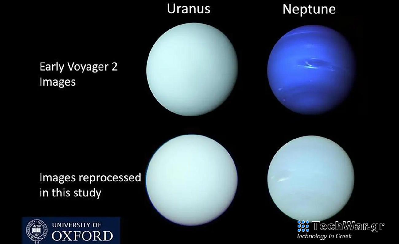 Voyager 2/ISS images of Uranus and Neptune released shortly after the Voyager 2 flybys in 1986 and 1989, respectively, compared with a reprocessing of the individual filter images in this study to determine the best estimate of the true colors of these planets.