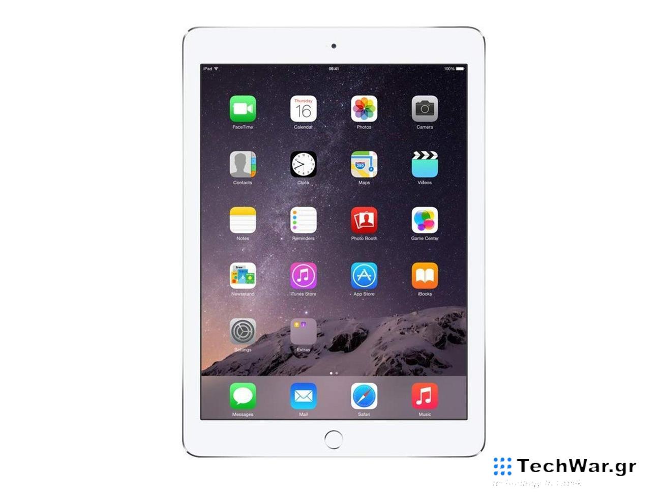 A white iPad Air on a plain background.