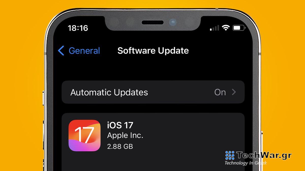 An iPhone on a yellow background showing the iOS 17 install page