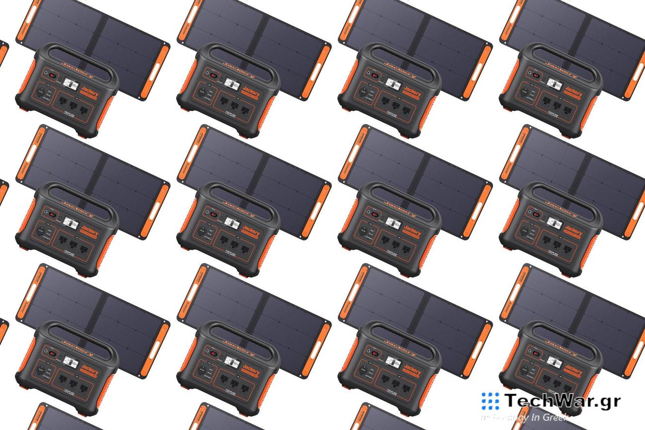 The Jackery 1000 Pro solar generator with included solar panel arranged in a pattern on a plain background