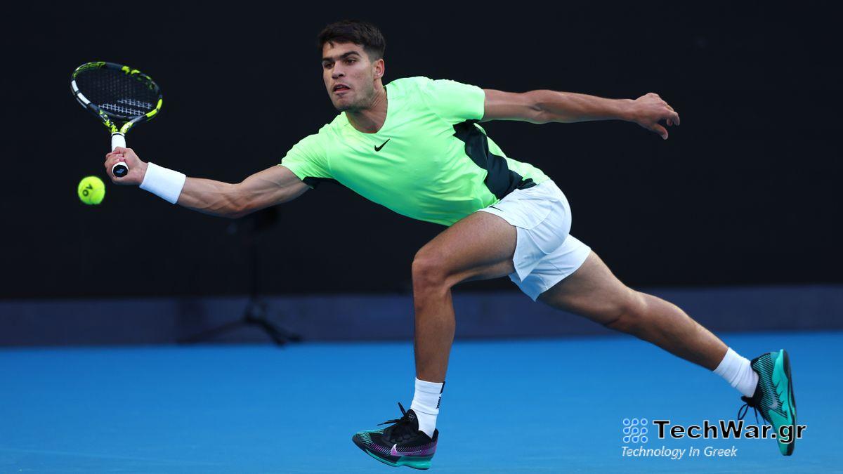 Carlos Alcaraz of Spain at full stretch on court at the Australian Open 2024, ahead of the Alcaraz vs Sonego live stream