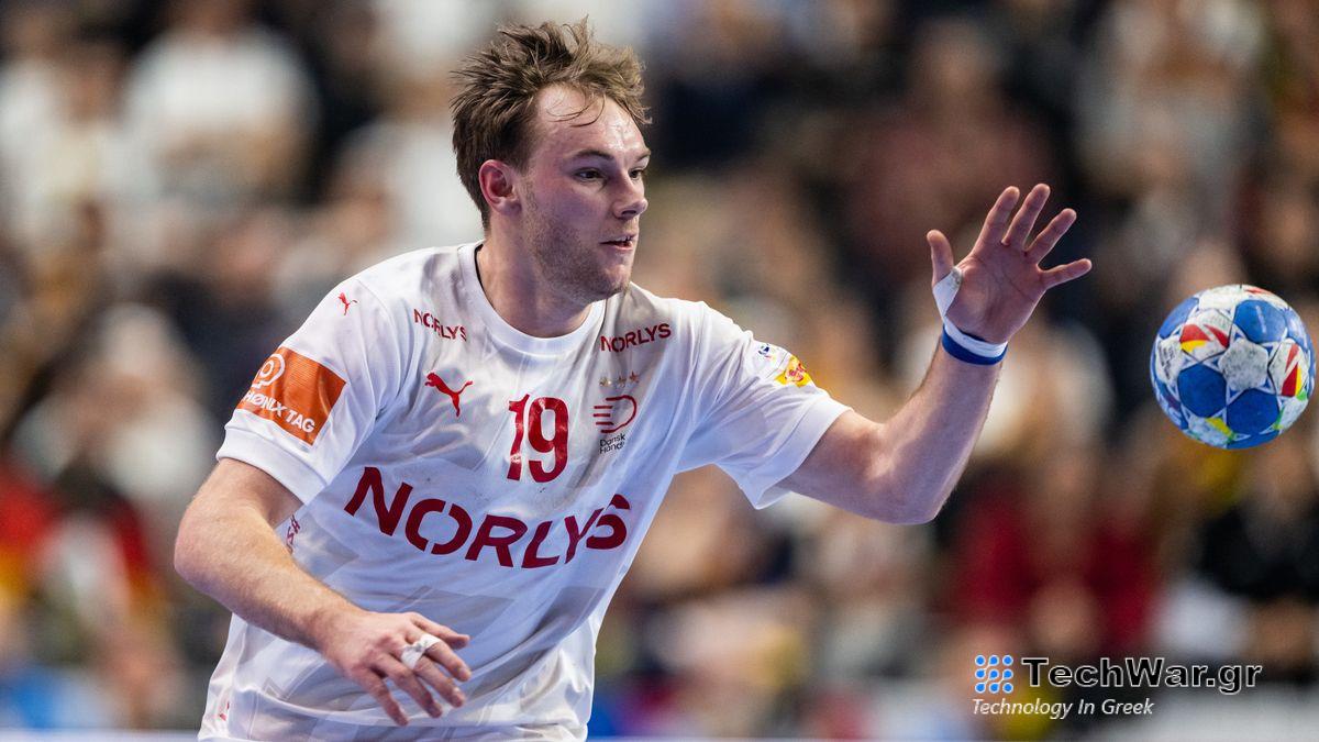 Mathias Gidsel of Denmark controls the ball during the Men