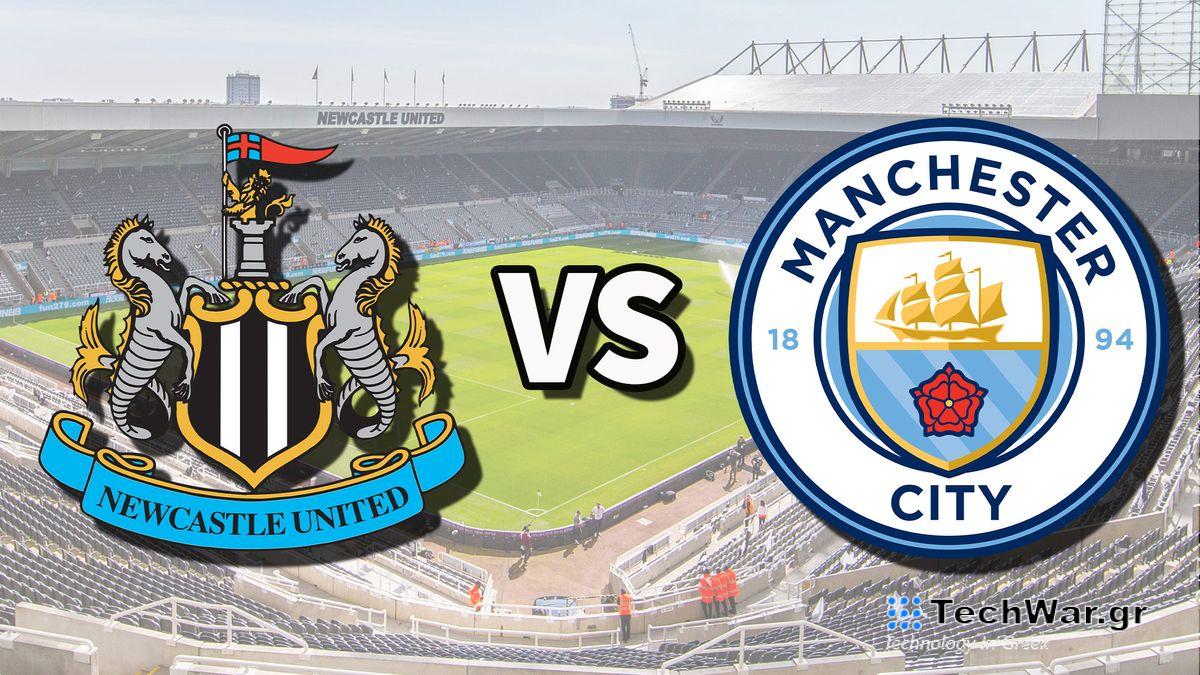 The Newcastle United and Manchester City club badges on top of a photo of St. James