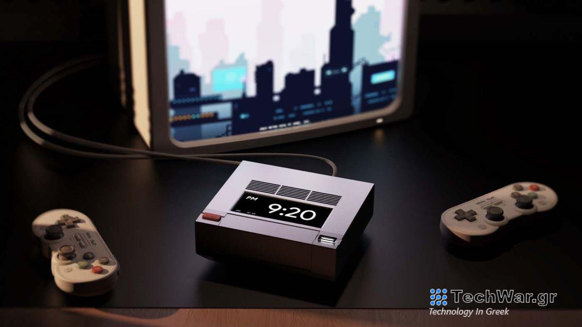 AYANEO Retro Mini PC AM02 near retro TV and controllers.