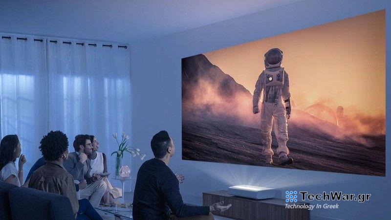 Samsung LSP9T projector screening movie in living room