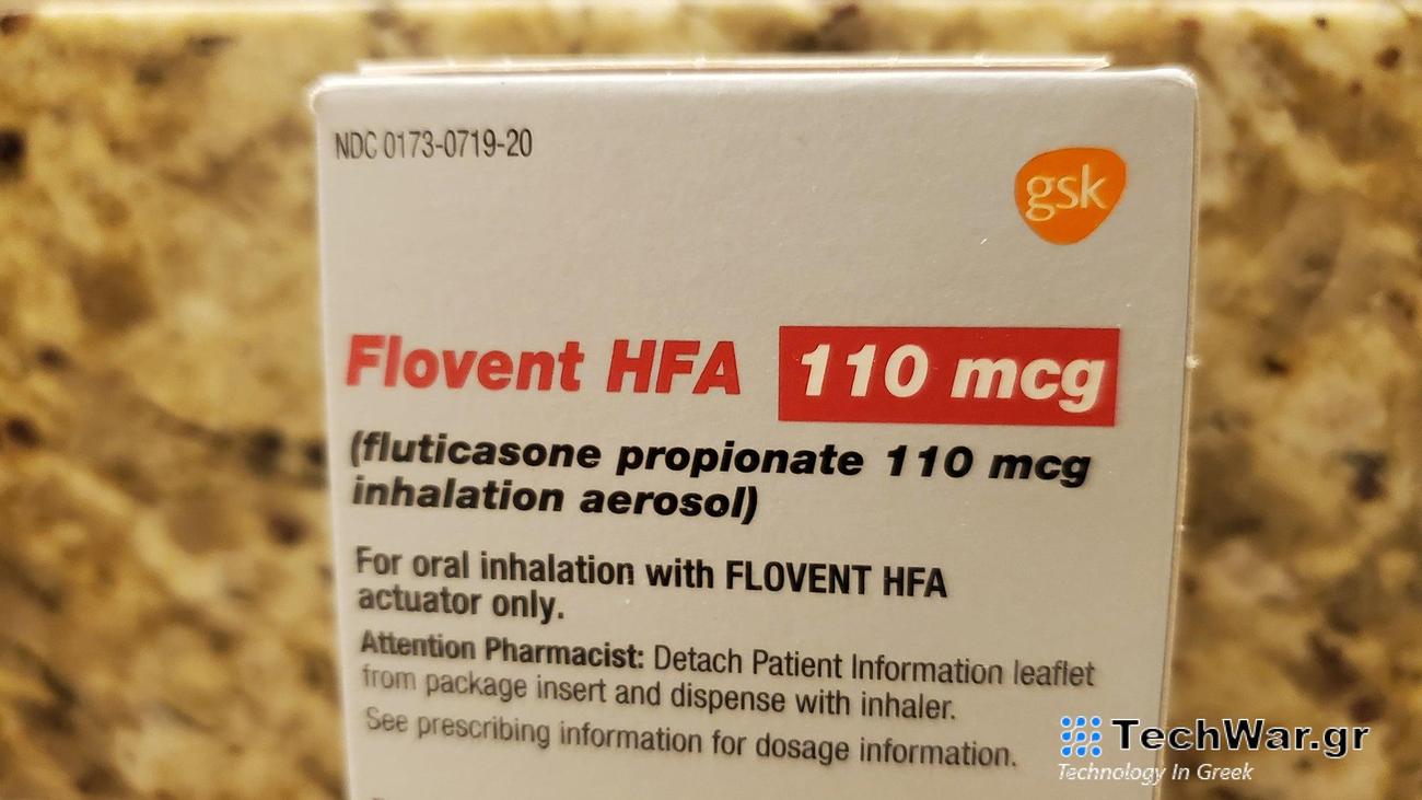 The packaging for an inhaler called Flovent HFA. Flovent is a popular inhaled corticosteroid that helps keep inflammation in the lungs low and the airways open for people with asthma.