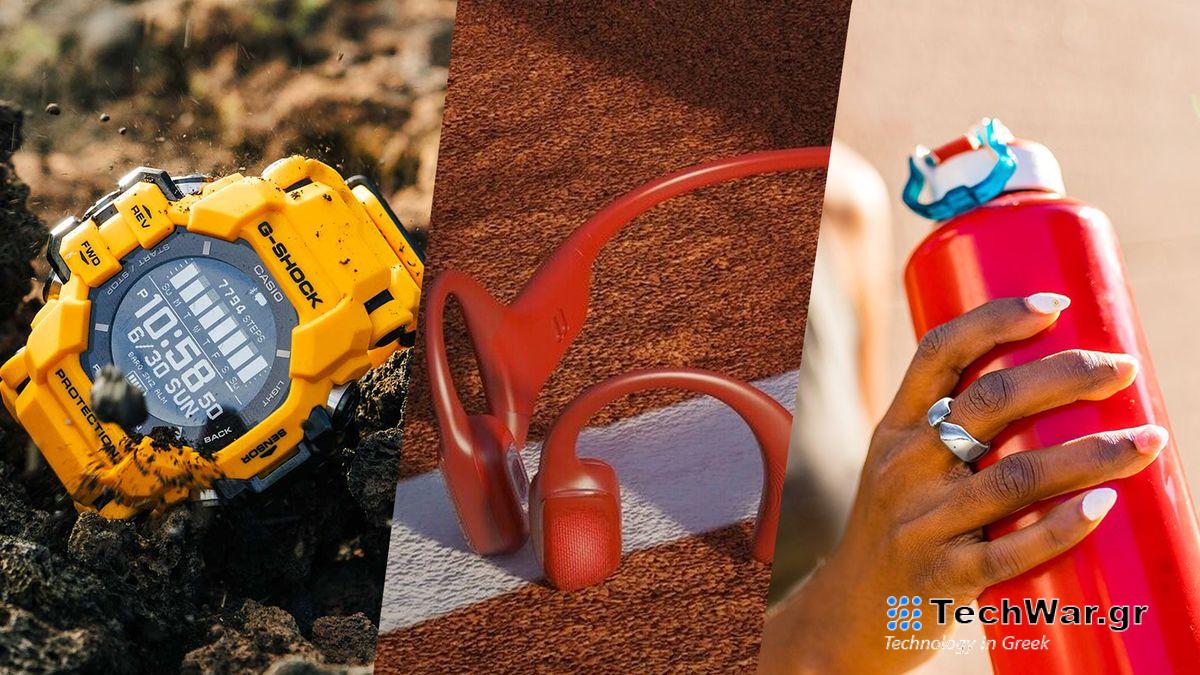 The Casio G-Shock Rangeman GPR-H1000, Mojawa HaptiFit Terra headphones, and Evie smart ring