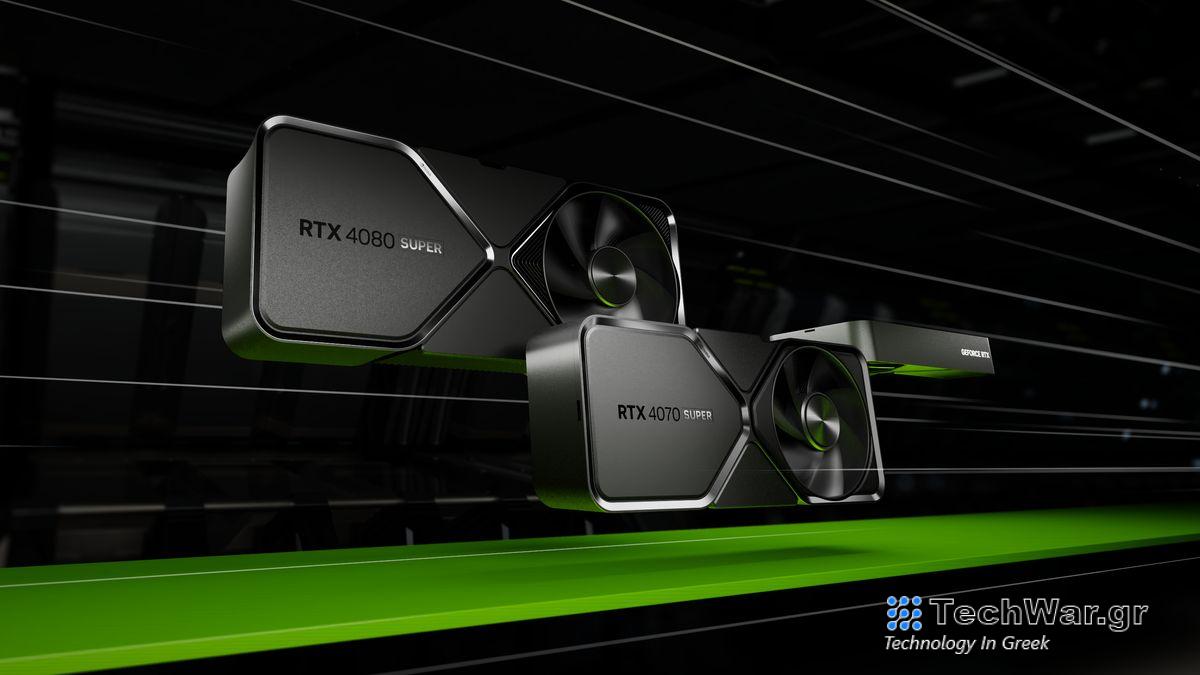 A trio of Nvidia RTX 40-series Super GPU against a green and black background