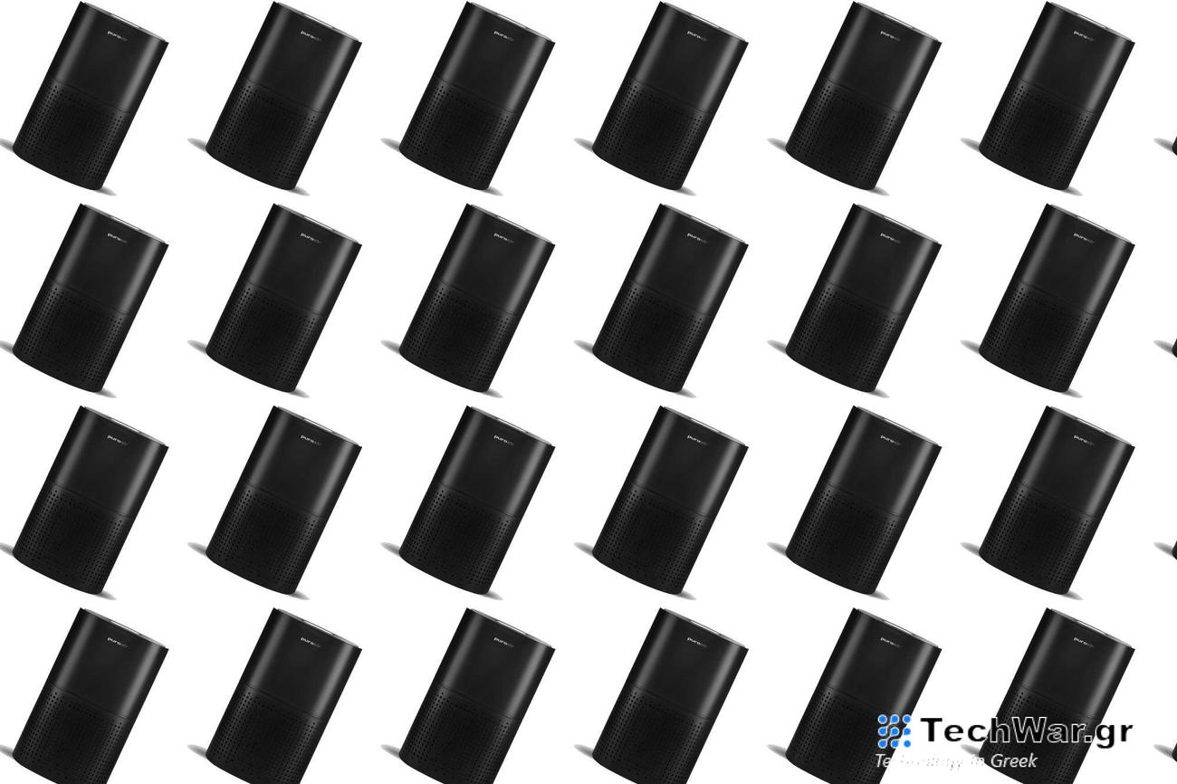 A black PuroAir air purifier in a brick pattern on a plain background