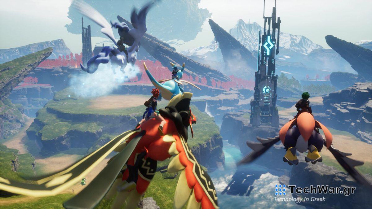 Players flying on Pals towards a distant tower