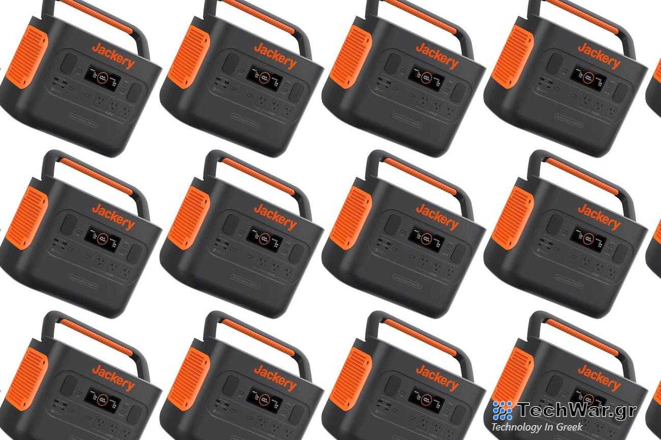 A Jackery solar generator on a plain background arranged in a brick pattern