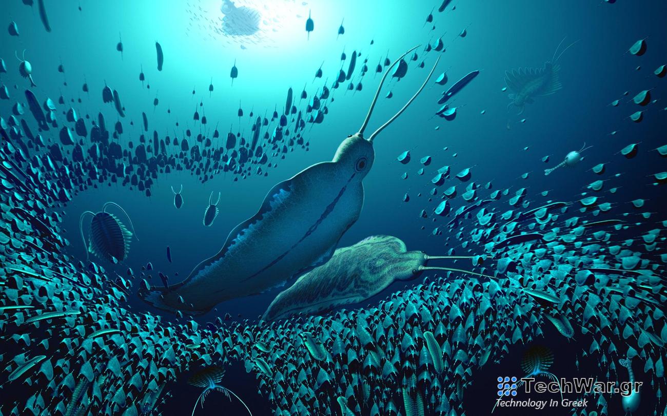 An illustration of the pelagic ecosystem and the organisms fossilized in Sirius Passet, revealing how Timorebestia was one of the largest predators in the water column more than 518 million years ago.
