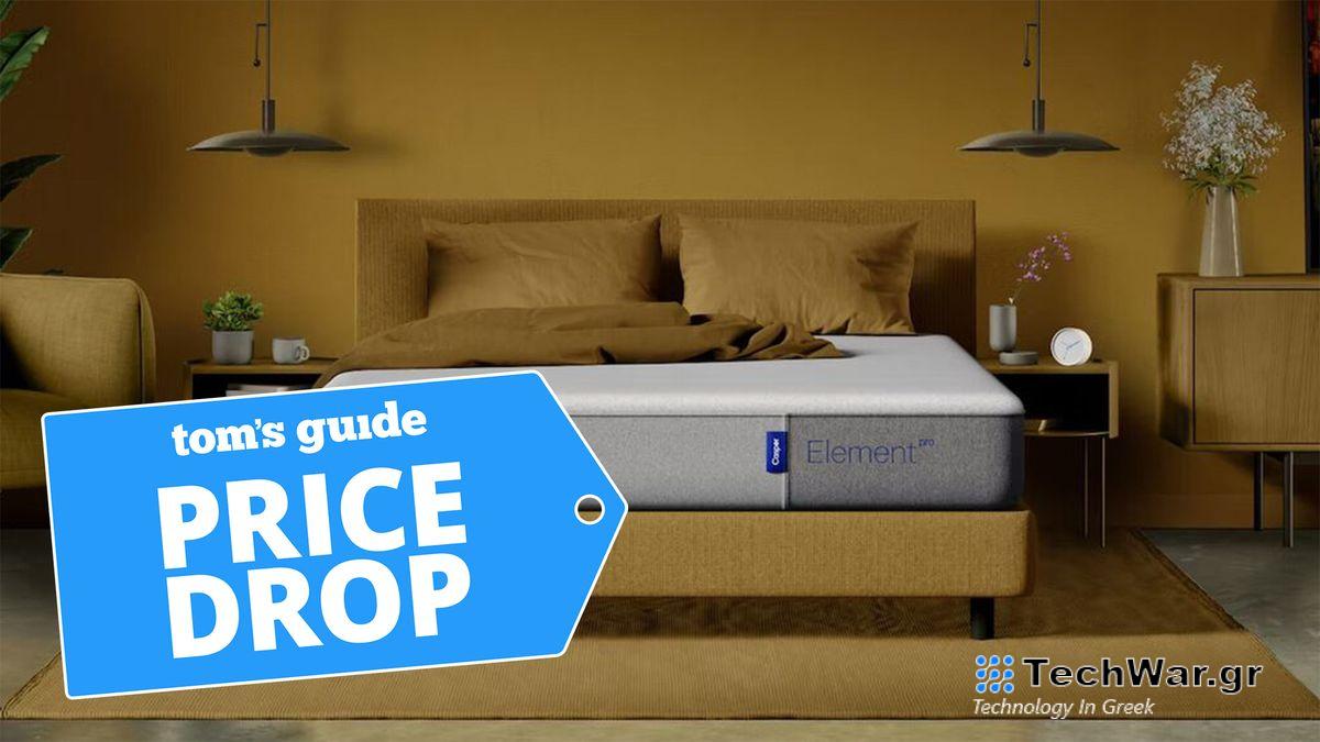 The Casper Element Pro Mattress in a yellow bedroom with a blue sales badge overlaid