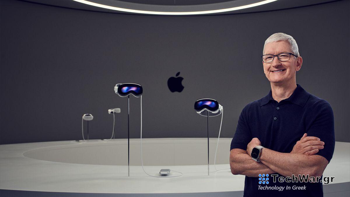 Tim Cook standing in front of the Vision Pro headset