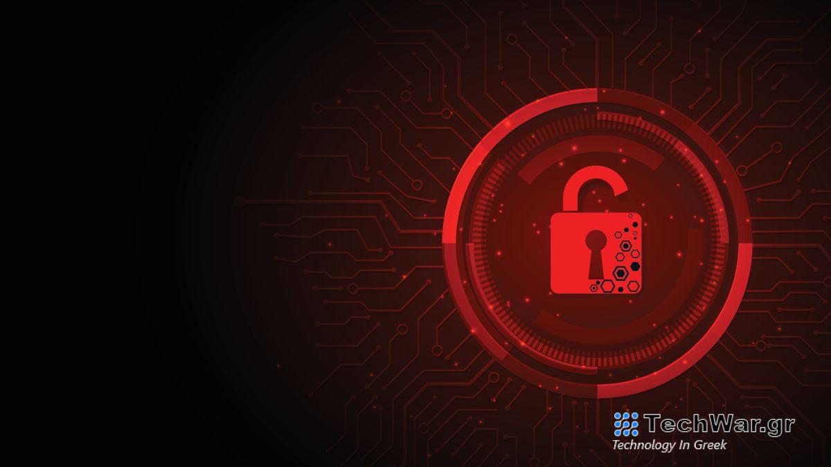 Red padlock open on electric circuits network dark red background