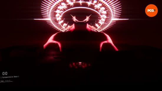 Προεπισκόπηση 1000xResist: Ένα σκοτεινό τοπίο μιας σκοτεινής ταράτσας, που φωτίζεται από μια κόκκινη φιγούρα που δεσπόζει πάνω από το κεφάλι, καθιστώντας το Watcher μια μικρή κηλίδα στο περιβάλλον.