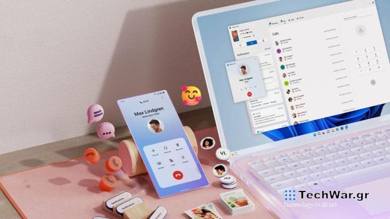 An illustration showing Phone Link capabilities - a phone next to a Windows PC