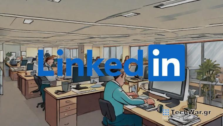 LinkedIn logo in front of a cartoon office