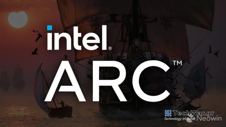Intel ARC Logo with a screenshot from Skull and Bones behind it