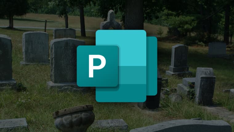 Microsoft Publisher logo with a cemetery on the background