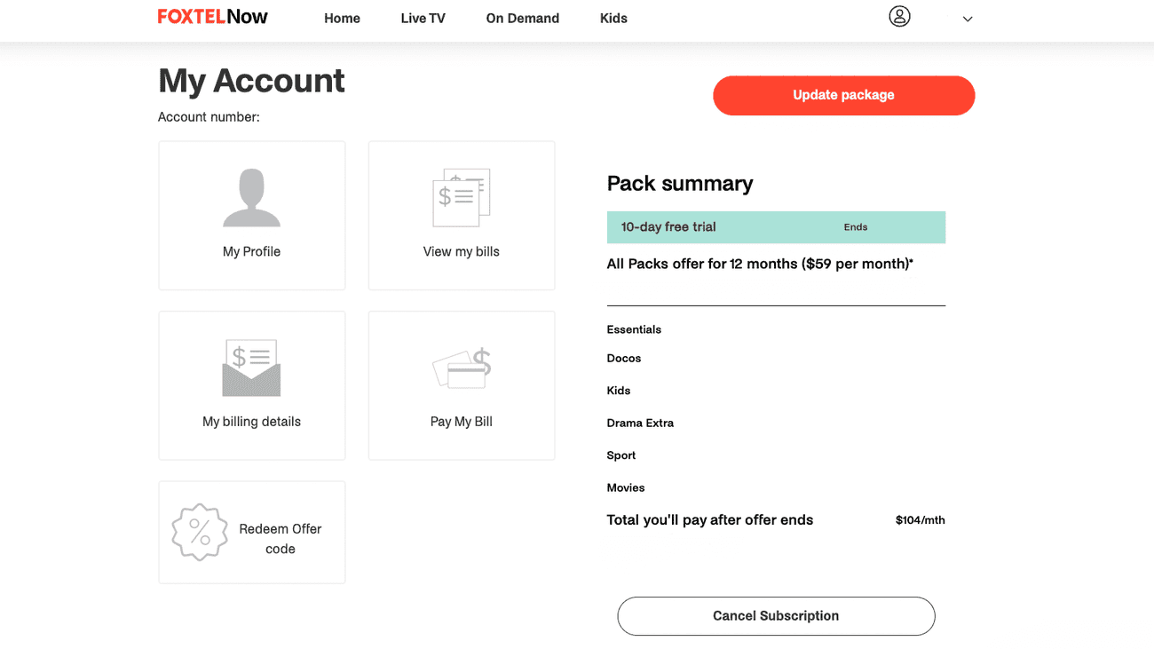 Στιγμιότυπο οθόνης της σελίδας λογαριασμού Foxtel Now