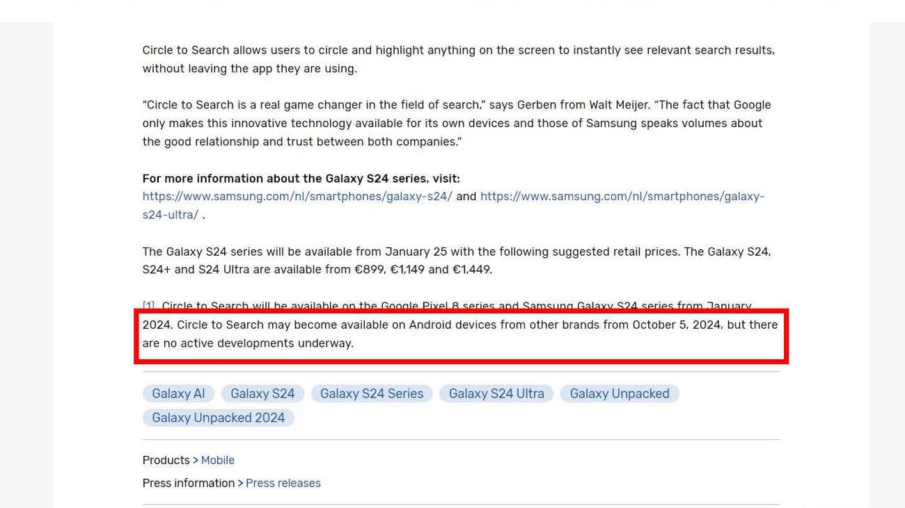 Το δελτίο τύπου της Samsung πριν από την επεξεργασία, προτείνει ότι το Circle to Search μπορεί να κυκλοφορήσει σε άλλες συσκευές Android