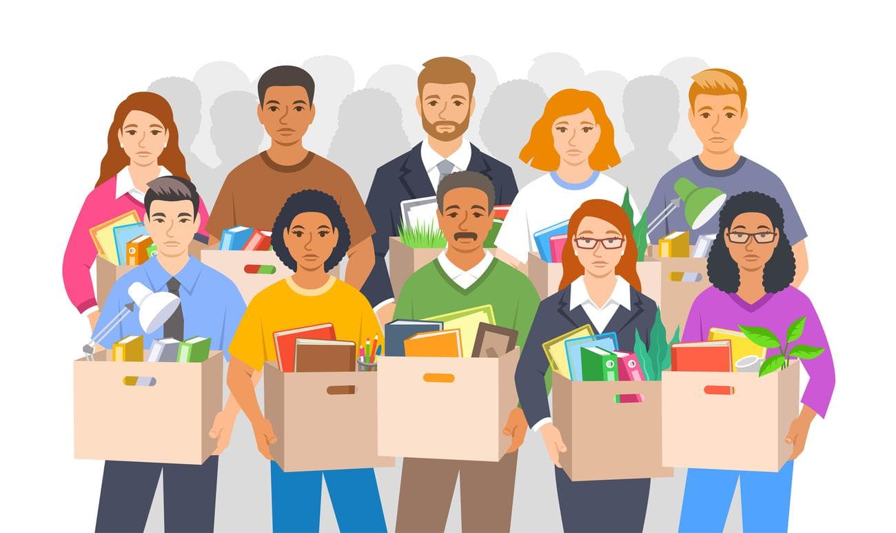 Απεικόνιση μιας ομάδας ανθρώπων που απολύθηκαν πρόσφατα και κρατούν κουτιά.