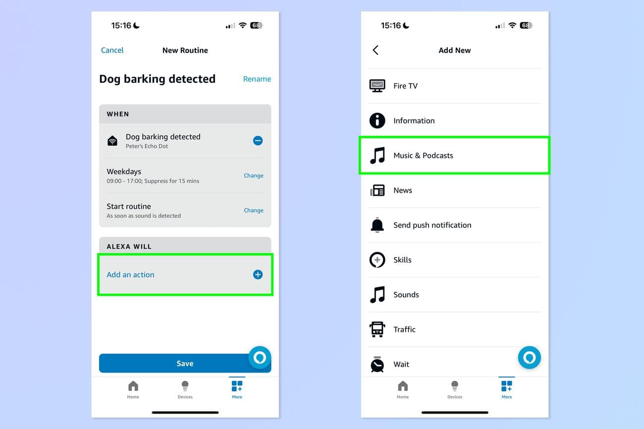 Ένα στιγμιότυπο οθόνης που δείχνει πώς να χρησιμοποιείτε τη συσκευή Echo για να σταματήσετε το γάβγισμα του σκύλου σας ενώ είστε έξω.