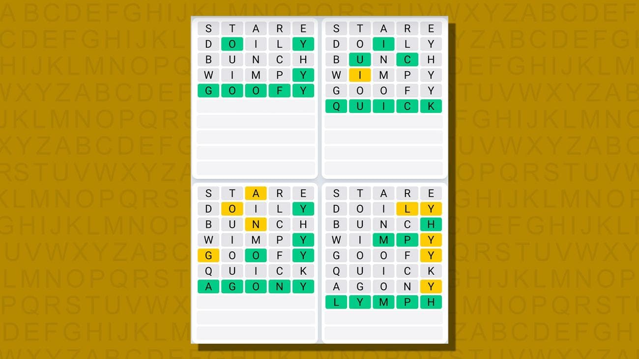 Quordle καθημερινές απαντήσεις ακολουθίας για το παιχνίδι 741 σε κίτρινο φόντο