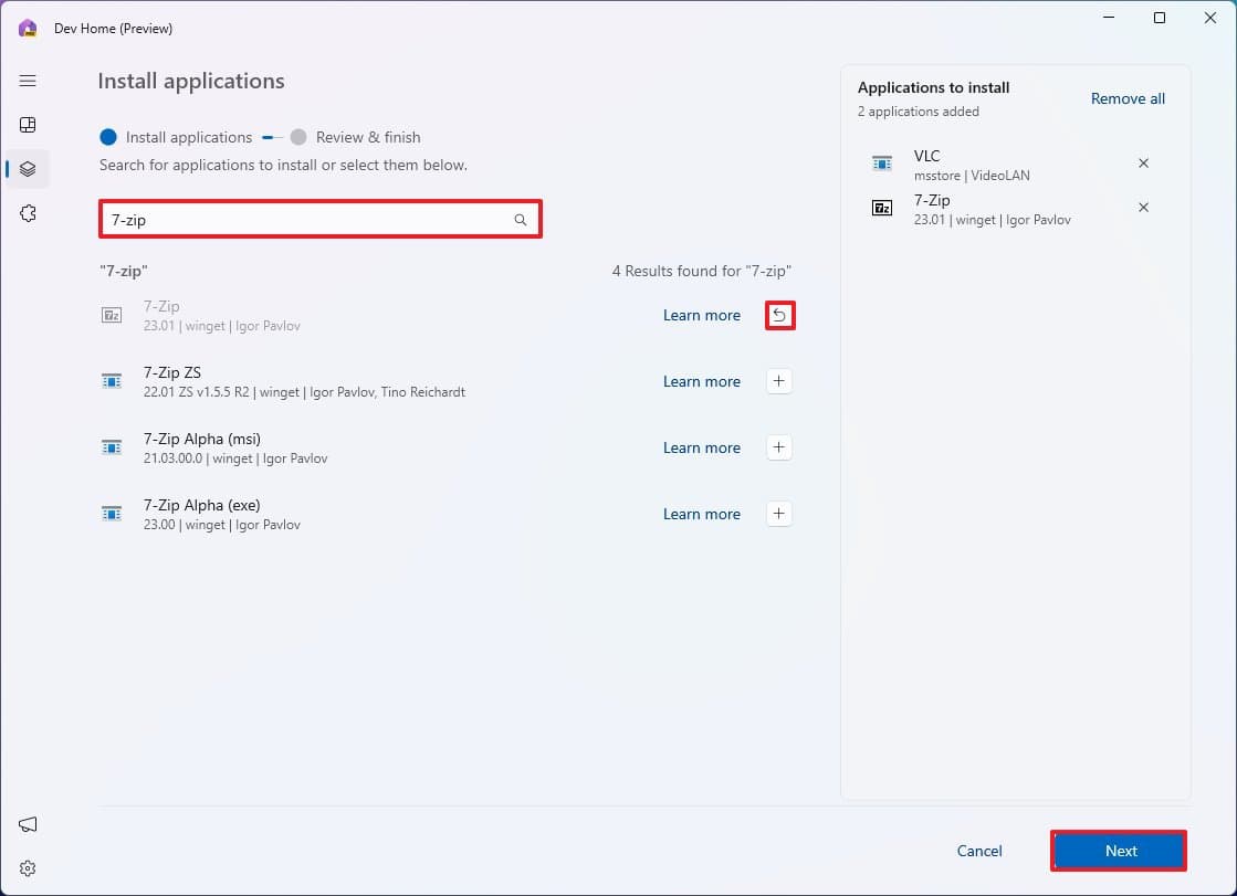 Εφαρμογές αναζήτησης winget Dev Home