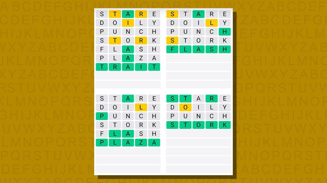 Quordle απαντήσεις για το παιχνίδι 749 σε κίτρινο φόντο