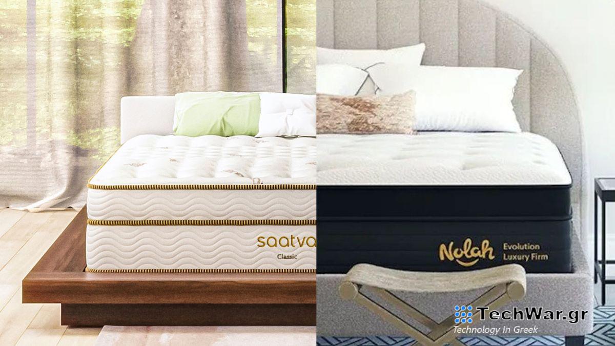 In this Saatva Classic vs Nolah Evolution 15 image, the Saatva Classic mattress is seen on the left and the Nolah Evolution 15 mattress is seen on the right
