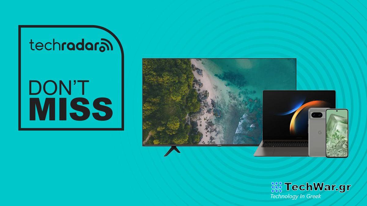 TCL 6 Series TV, Samsung Galaxy Book3, and Google Pixel 8 on blue background with don