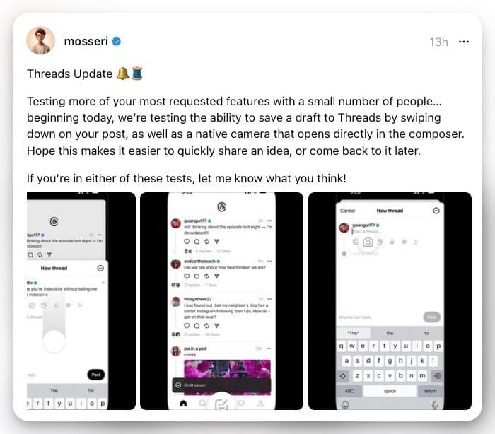 Το Threads αρχίζει να δοκιμάζει την αποθήκευση πρόχειρων και τη λήψη φωτογραφιών μέσα στην εφαρμογή