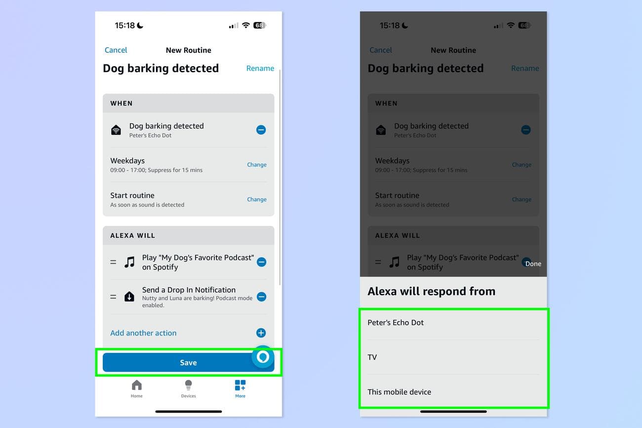 Ένα στιγμιότυπο οθόνης που δείχνει πώς να χρησιμοποιείτε τη συσκευή Echo για να σταματήσετε το γάβγισμα του σκύλου σας ενώ είστε έξω.
