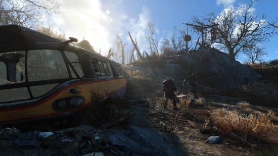 Best Apocalypse games - Fallout series: Two sole survivors scavenge near a train wreck