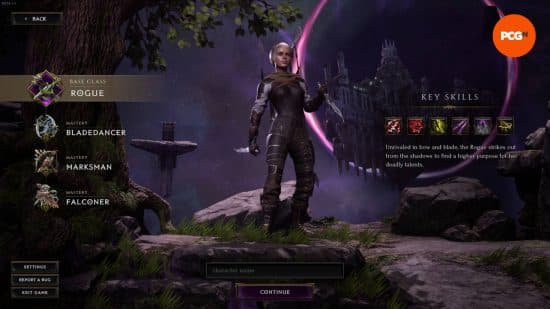 Καλύτερα μαθήματα Last Epoch: η οθόνη επιλογής τάξεων απατεώνων με τις βασικές δεξιότητες.