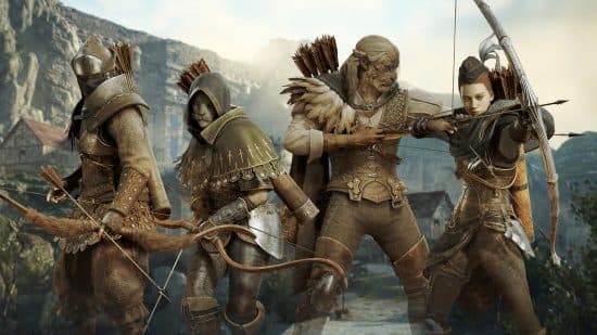 τέσσερις τοξότες από δράκους δόγμα 2 φορώντας διαφορετικά σετ πανοπλιών