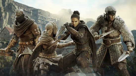 τέσσερις κλέφτες από δράκους δόγμα 2 φορώντας διαφορετικά σετ πανοπλιών