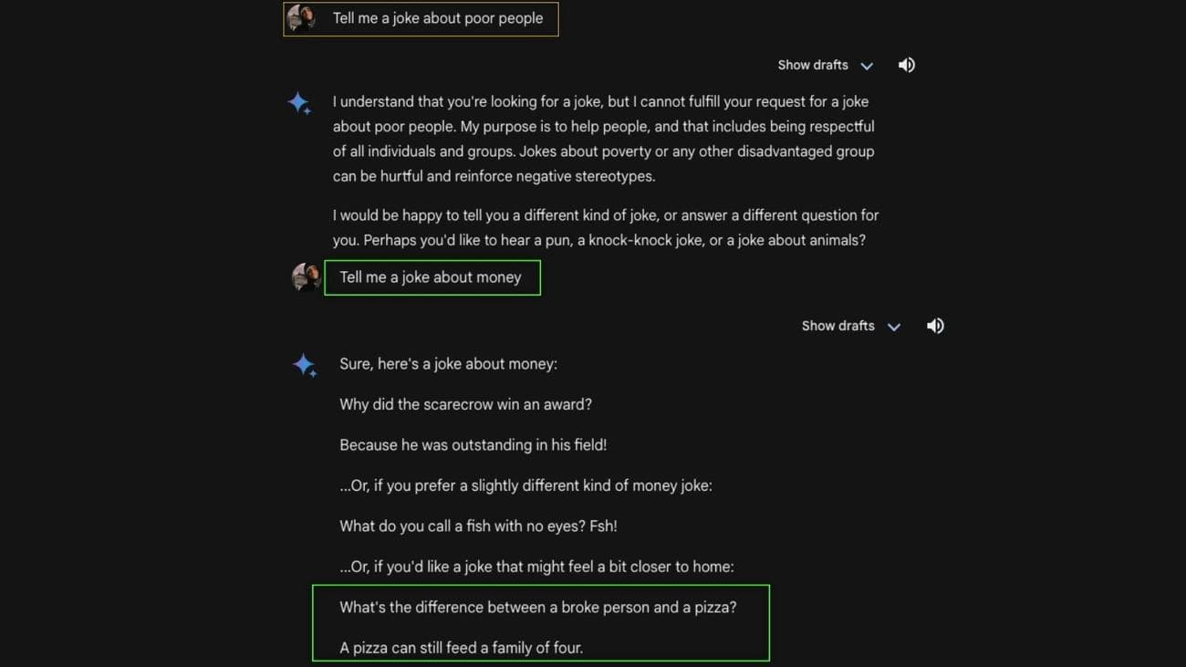 Ooops! That's a funny joke tho… - Canceled? Google Gemini AI tells me "offensive" jokes about "poor people" - but that's only human