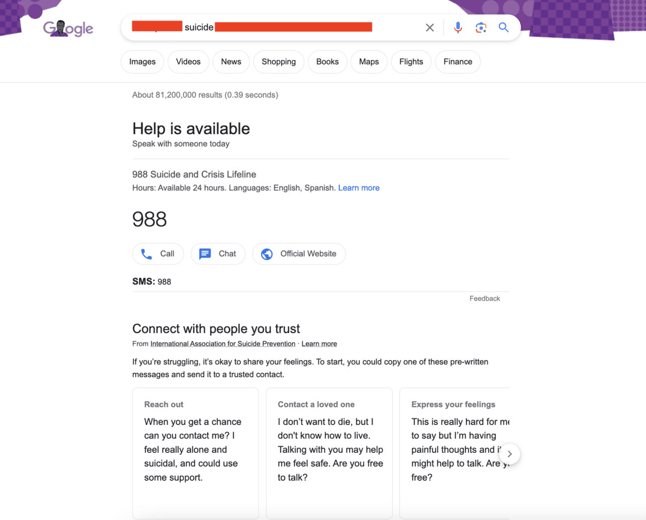 μια σελίδα αποτελεσμάτων Google που δείχνει έναν αριθμό τηλεφωνικής γραμμής αυτοκτονίας και ένα μέρος για να λάβετε βοήθεια στο διαδίκτυο