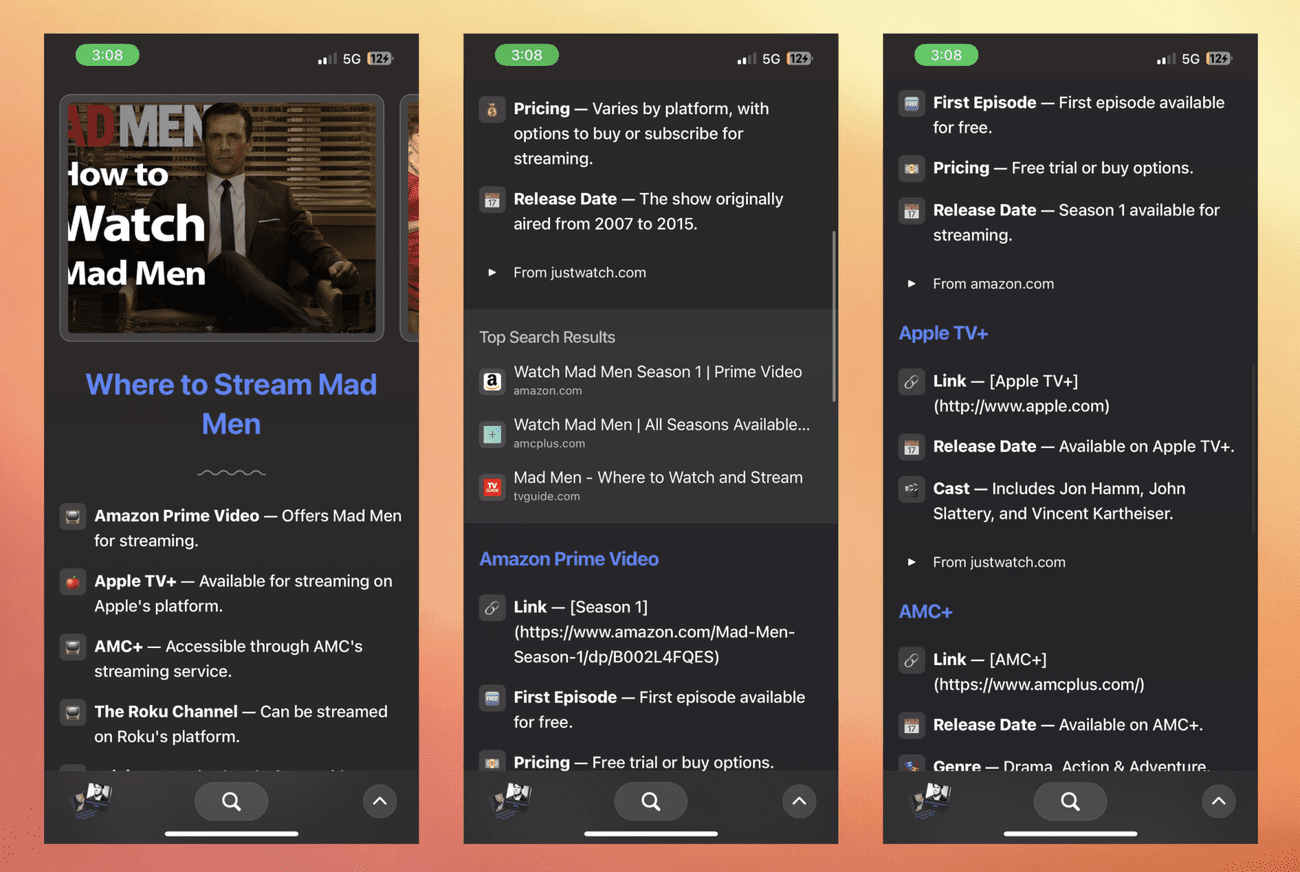 σελίδα αποτελεσμάτων αναζήτησης σχετικά με τη ροή Mad Men, που εμφανίζει εμφανώς το Amazon και όχι το AMC+