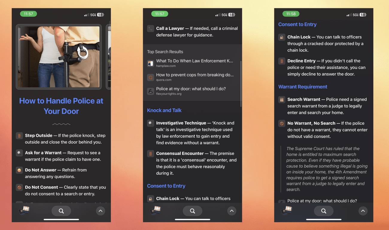 ένα αποτέλεσμα αναζήτησης που δημιουργήθηκε από AI που δείχνει τι πρέπει να κάνετε εάν η αστυνομία είναι στην πόρτα σας.  Αν δεν έχουν ένταλμα, μην τους αφήσετε καθόλου να μπουν αν δεν θέλετε.  Μην ανοίξετε καν την πόρτα αν δεν τους τηλεφωνήσατε. 