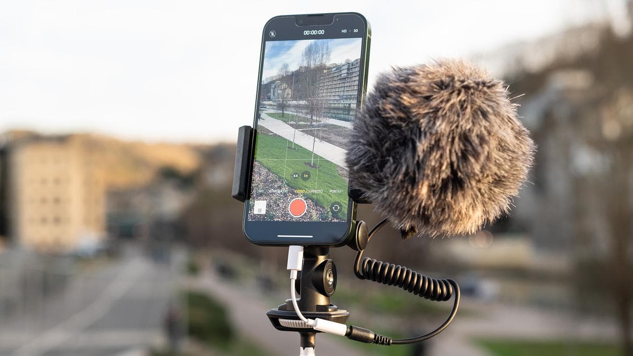 Joby Wavo microphone mounted on iPhone 13