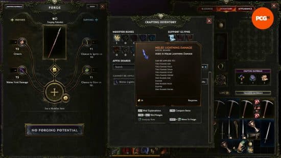 Last Epoch crafting: ο παίκτης κατασκευάζει ένα δόρυ και σκέφτεται να αντικαταστήσει ένα θραύσμα με ένα προσάρτημα Melee Lightning Damage.